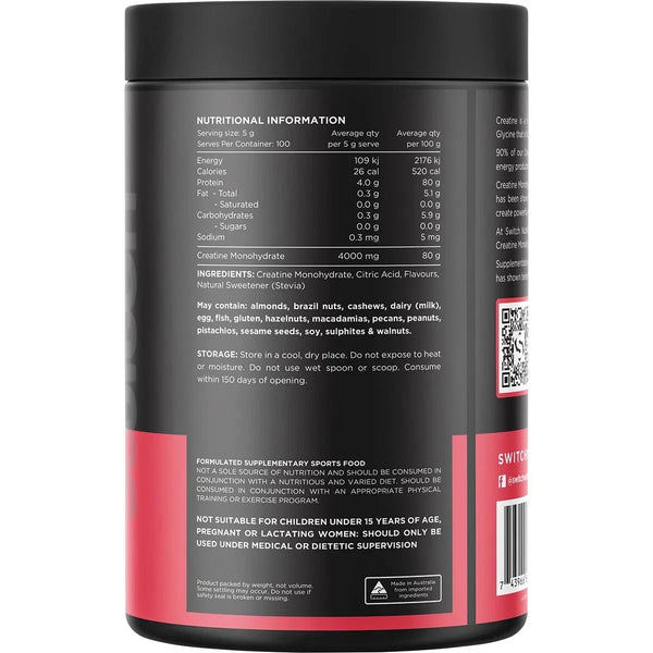 Switch Nutrition Creatine Monohydrate Red Raspberry 500g Naturally Flavoured