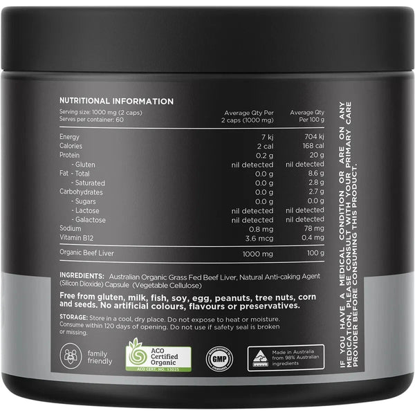 Switch Nutrition Liver 120 Capsules 100% Organic Grass Fed Beef Liver