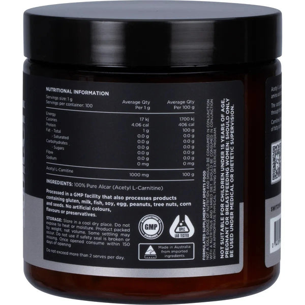 Switch Nutrition Carnitine Unflavoured 100g 100% Pure Acetyl L-Carnitine