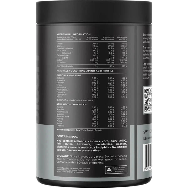 Switch Nutrition Egg Protein 300g Unflavoured 100% Pure Egg White Protein