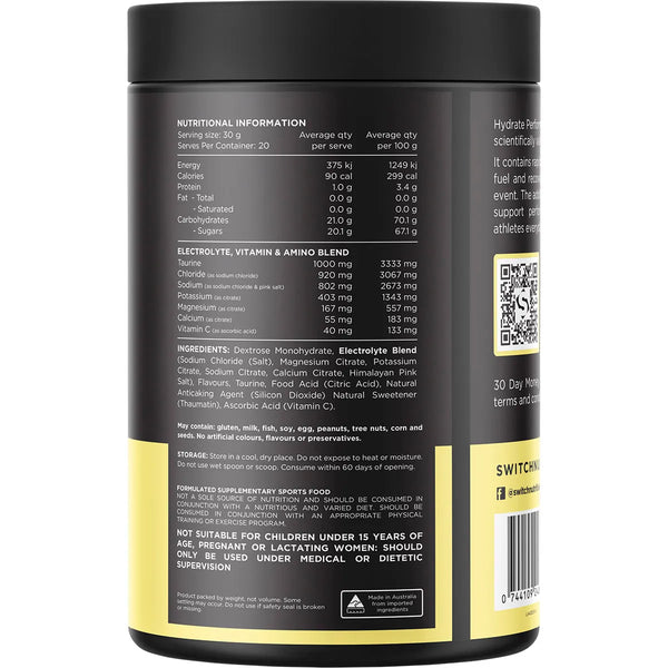 Switch Nutrition Hydrate Perform Electrolytes + Carbohydrate Raspberry Lemonade 600g