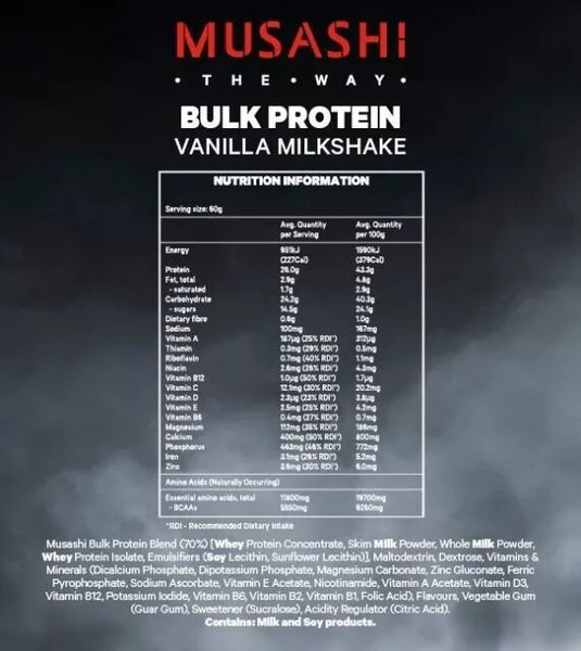 Musashi Bulk Protein Powder Vanilla Milkshake Flavour 900g