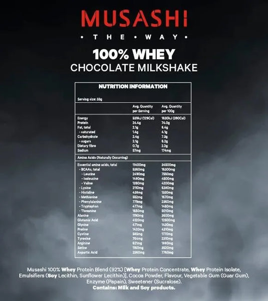 MUSASHI 100% WHEY Protein Powder 900G Chocolate Milkshake Flavour