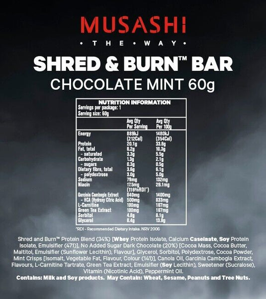 Musashi Shred & Burn Protein Bar Chocolate Mint 60g x 12 Bars