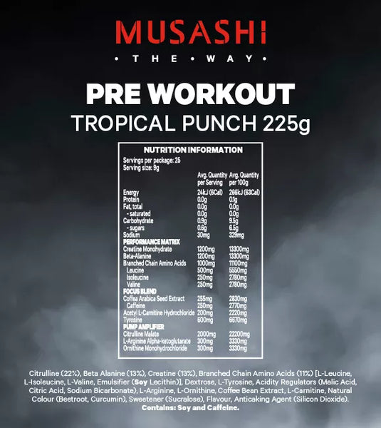 Musashi Pre Workout Tropical Punch 225g 25 Serves
