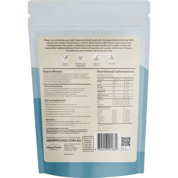 Hemp Foods Australia Organic Hemp Protein Shake Vanilla Bean 420g