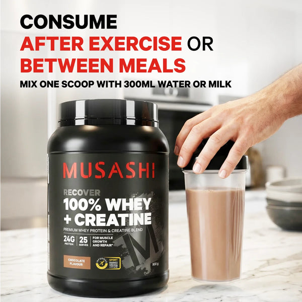 Musashi 100% Whey + Creatine Chocolate 900g Protein Powder