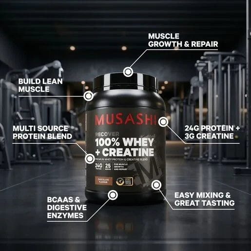 Musashi 100% Whey + Creatine Chocolate 900g Protein Powder