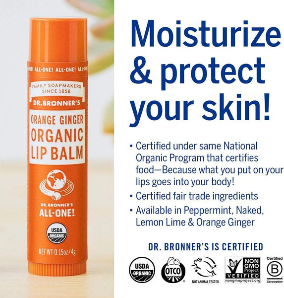 12 x Dr. Bronner's Organic Lip Balm Orange Ginger 4g