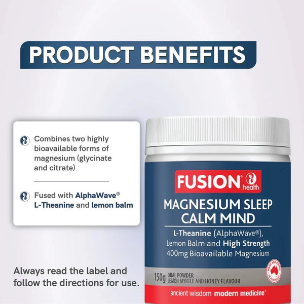 Fusion Health Magnesium Sleep Calm Mind Lemon Myrtle & Honey Flavour 150g