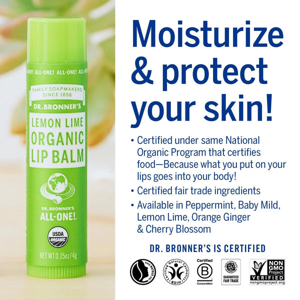12 x Dr. Bronner's Organic Lip Balm Lemon Lime 4g