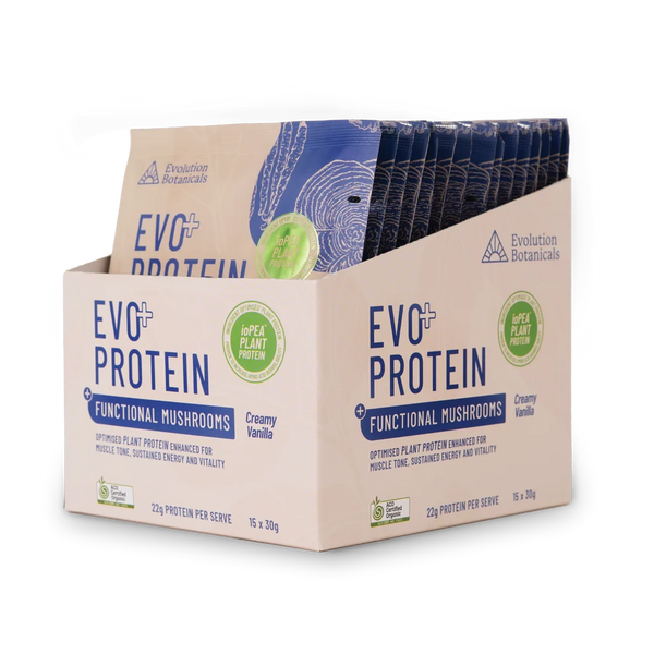 Evolution Botanicals EVO + Protein Functional Mushrooms Creamy Vanilla 15 x 30g Sachets