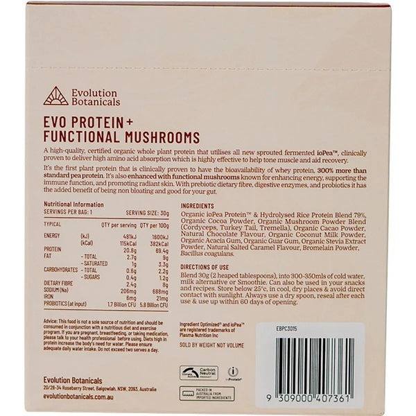 Evolution Botanicals EVO + Protein Functional Mushrooms Smooth Chocolate 15 x 30g Sachets