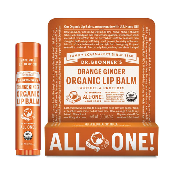 12 x Dr. Bronner's Organic Lip Balm Orange Ginger 4g