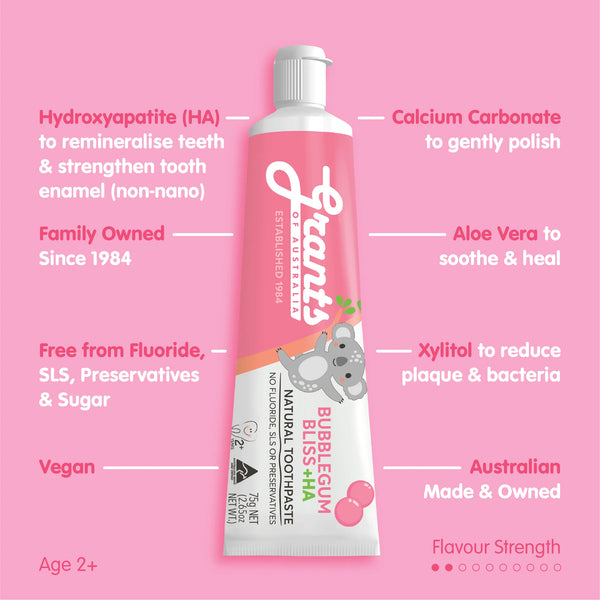 Grants of Australia Kids Natural Toothpaste Bubblegum Bliss + HA 75g Fluoride Free