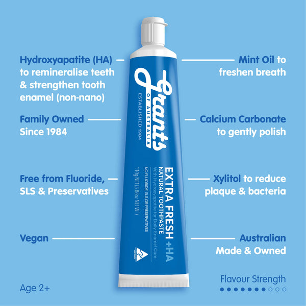 Grants Of Australia Extra Fresh + HA Natural Toothpaste 110g Fluoride Free
