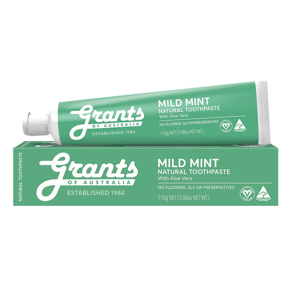 Grants of Australia Mild Mint Natural Toothpaste with Aloe Vera Fluoride Free 110g