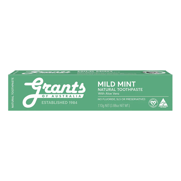 Grants of Australia Mild Mint Natural Toothpaste with Aloe Vera Fluoride Free 110g