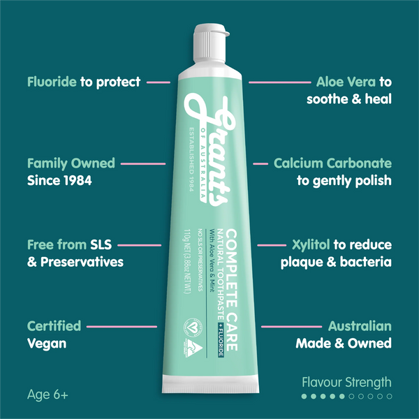 12 x Grants Natural Toothpaste Complete Care + Fluoride with Aloe Vera & Mint 110g
