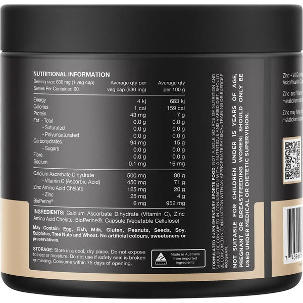 Switch Nutrition Zinc + Vitamin C 60 Capsules with BioPerine