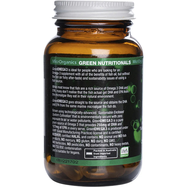 MicrOrganics Green Nutritionals Green Omega3 30 Capsules 255mg DHA + 127mg EPA