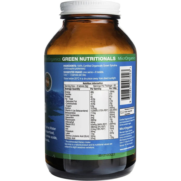 MicrOrganics Green Nutritionals Mountain Organic Spirulina 500mg 500 Tablets