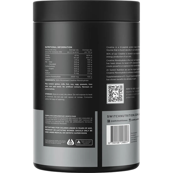 Switch Nutrition Creatine Unflavoured 500g 100% Pure Micronised Creatine Monohydrate