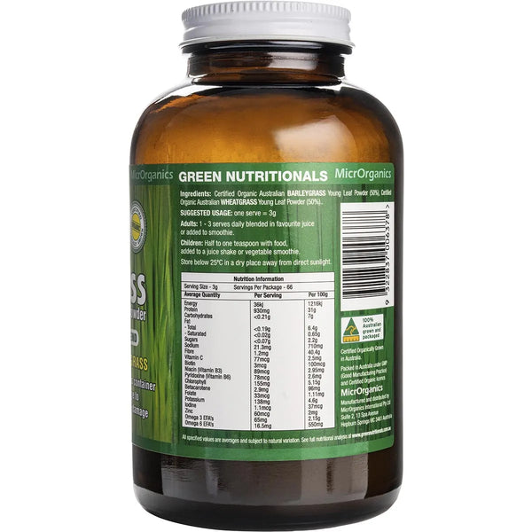 MicrOrganics Green Nutritionals Organic Australian SuperGrass 200g Super Grass Powder