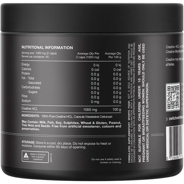 Switch Nutrition Creatine 90 Capsules 100% Pure Creatine HCL