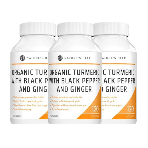 3 x Nature's Help Organic Turmeric with Black Pepper Ginger 120 Capsules