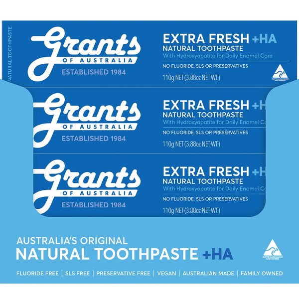 12 x Grants Of Australia Extra Fresh + HA Natural Toothpaste 110g Fluoride Free