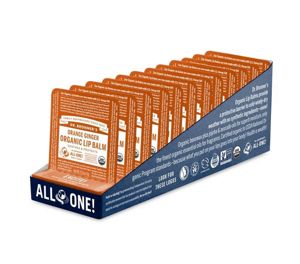 12 x Dr. Bronner's Organic Lip Balm Orange Ginger 4g