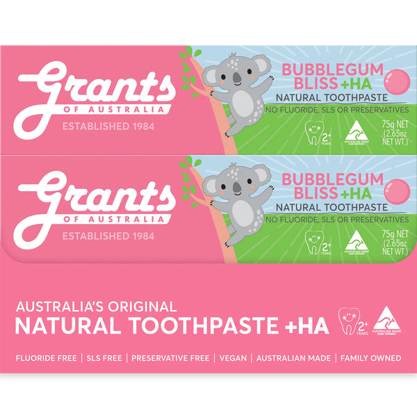 12 x Grants of Australia Kids Natural Toothpaste Bubblegum Bliss + HA 75g Fluoride Free