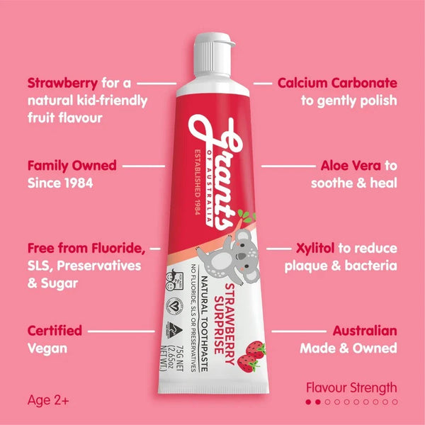 12 x Grants of Australia Kids Natural Toothpaste Strawberry Surprise 75g Fluoride Free