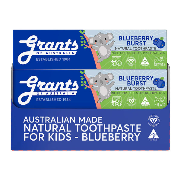 12 x Grants of Australia Kids Natural Toothpaste Blueberry Burst 75g Fluoride Free