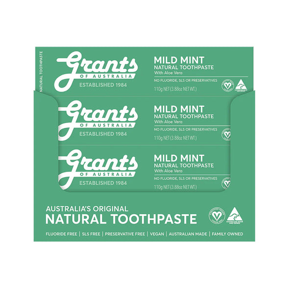 12 x Grants of Australia Mild Mint Natural Toothpaste with Aloe Vera Fluoride Free 110g