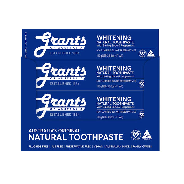 12 x Grants Natural Toothpaste Whitening with Baking Soda & Peppermint Fluoride Free 110g