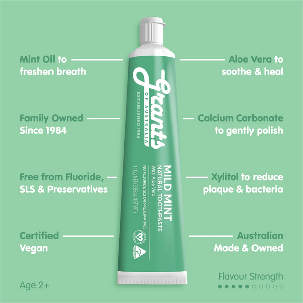 Grants of Australia Mild Mint Natural Toothpaste with Aloe Vera Fluoride Free 110g