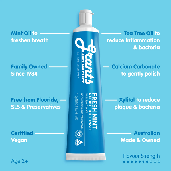 Grants of Australia Natural Toothpaste Fresh Mint with Tea Tree Oil Fluoride Free 110g