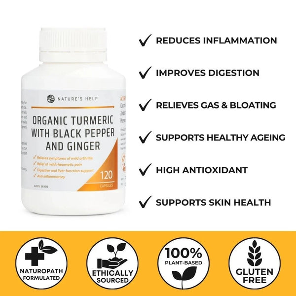 Nature's Help Organic Turmeric with Black Pepper Ginger 120 Capsules