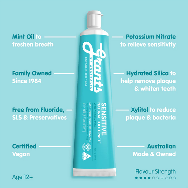 12 x Grants of Australia Sensitive Natural Toothpaste Fluoride Free 100g