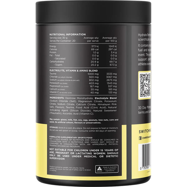 Switch Nutrition Hydrate Perform Electrolytes + Carbohydrate Lemon Lime 600g