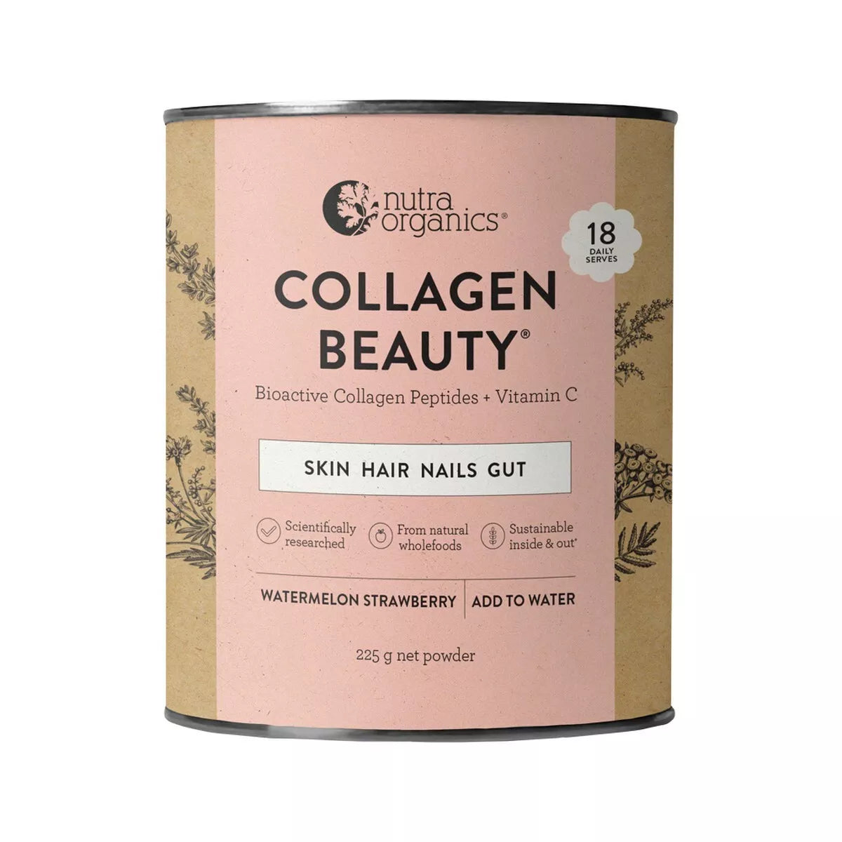 Nutra Organics Collagen Beauty Skin Hair Nails Gut Watermelon Strawberry 225g