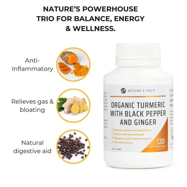 Nature's Help Organic Turmeric with Black Pepper Ginger 120 Capsules