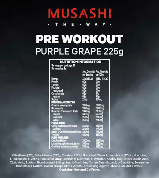 Musashi Pre Workout Purple Grape 225g 25 Serves