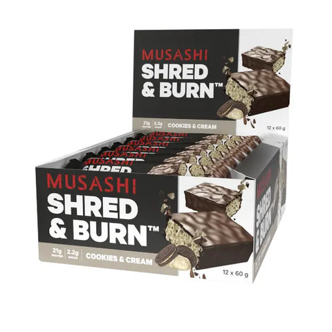 Musashi Shred & Burn Protein Bar Cookies & Cream 60g x 12 Bars