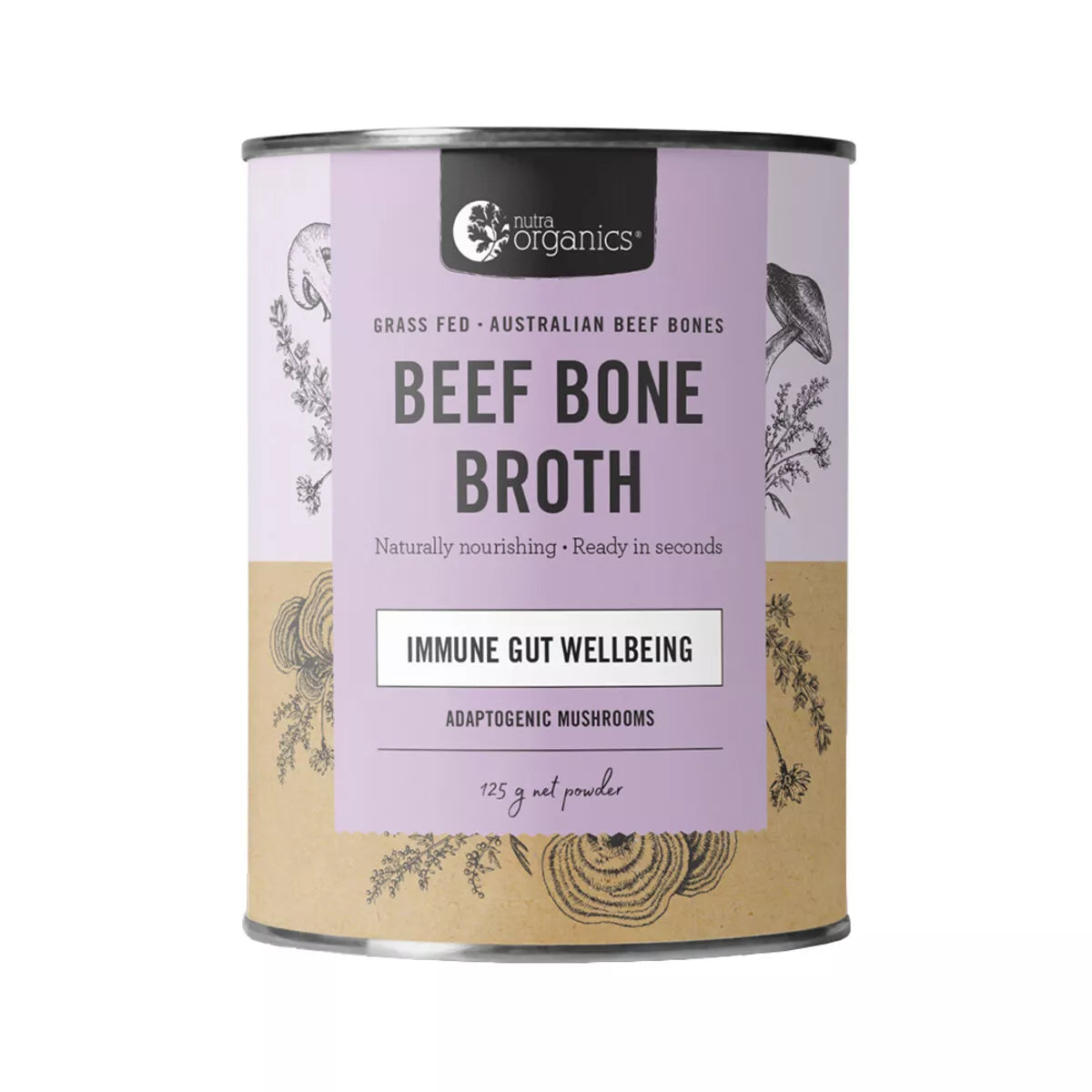 Nutra Organics Beef Bone Broth Adaptogenic Mushrooms 125g Immune Gut Wellbing