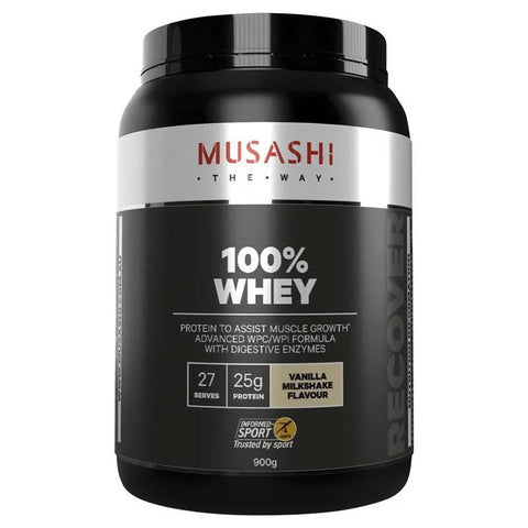 MUSASHI 100% WHEY Protein Powder 900G Vanilla Milkshake Flavour