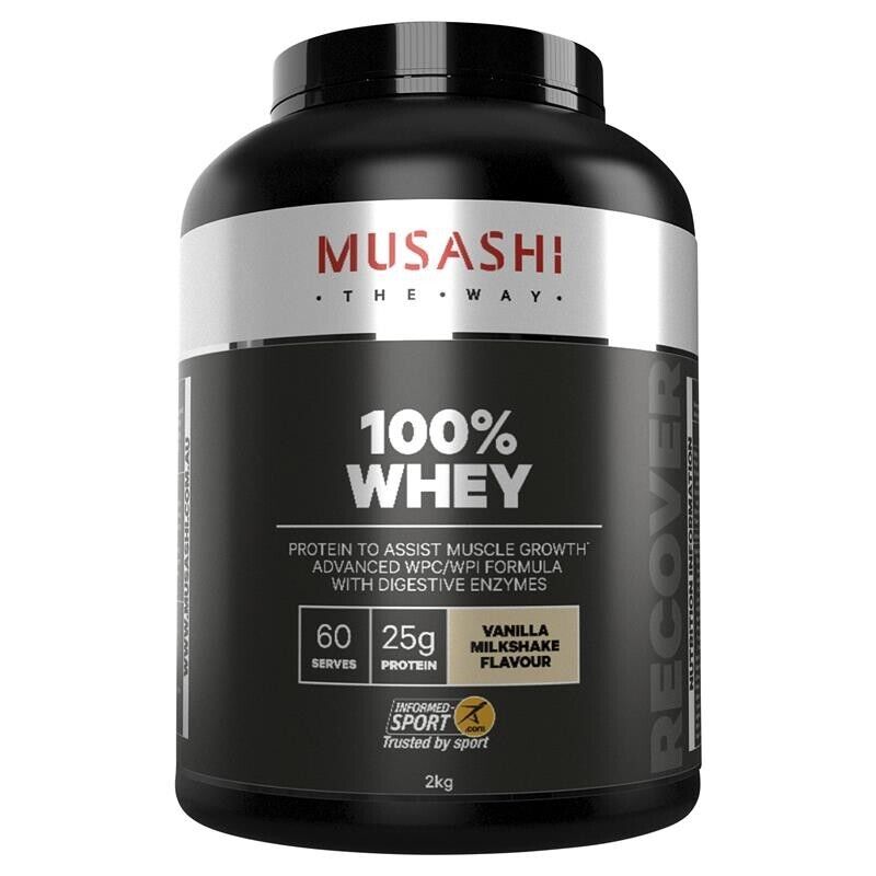 MUSASHI 100% WHEY Protein Powder 2KG Vanilla Milkshake Flavour